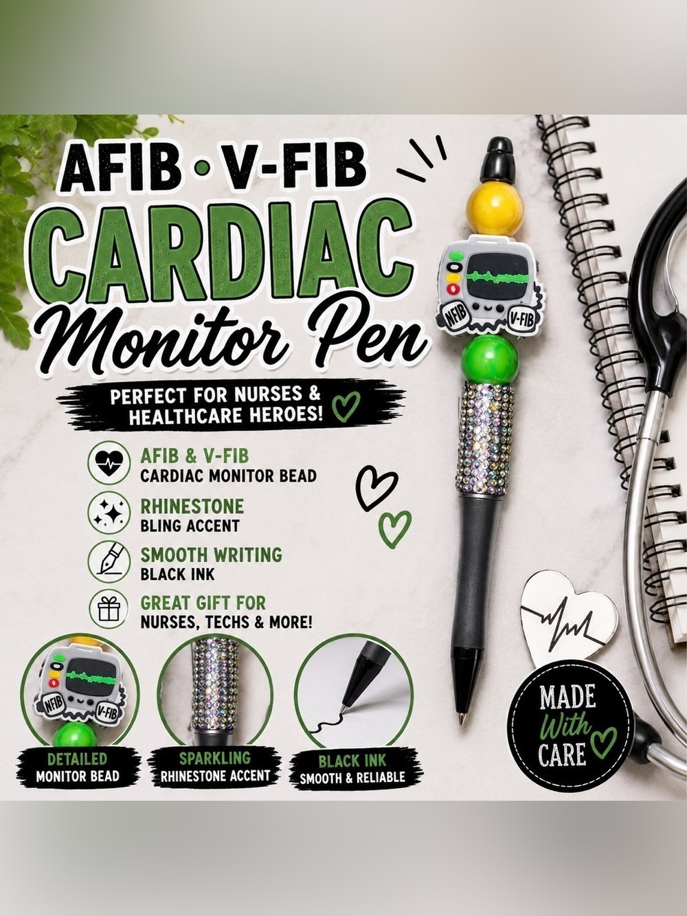 AFIB V-FIB Cardiac Monitor Beaded Pen Nurse Medical Black Ink